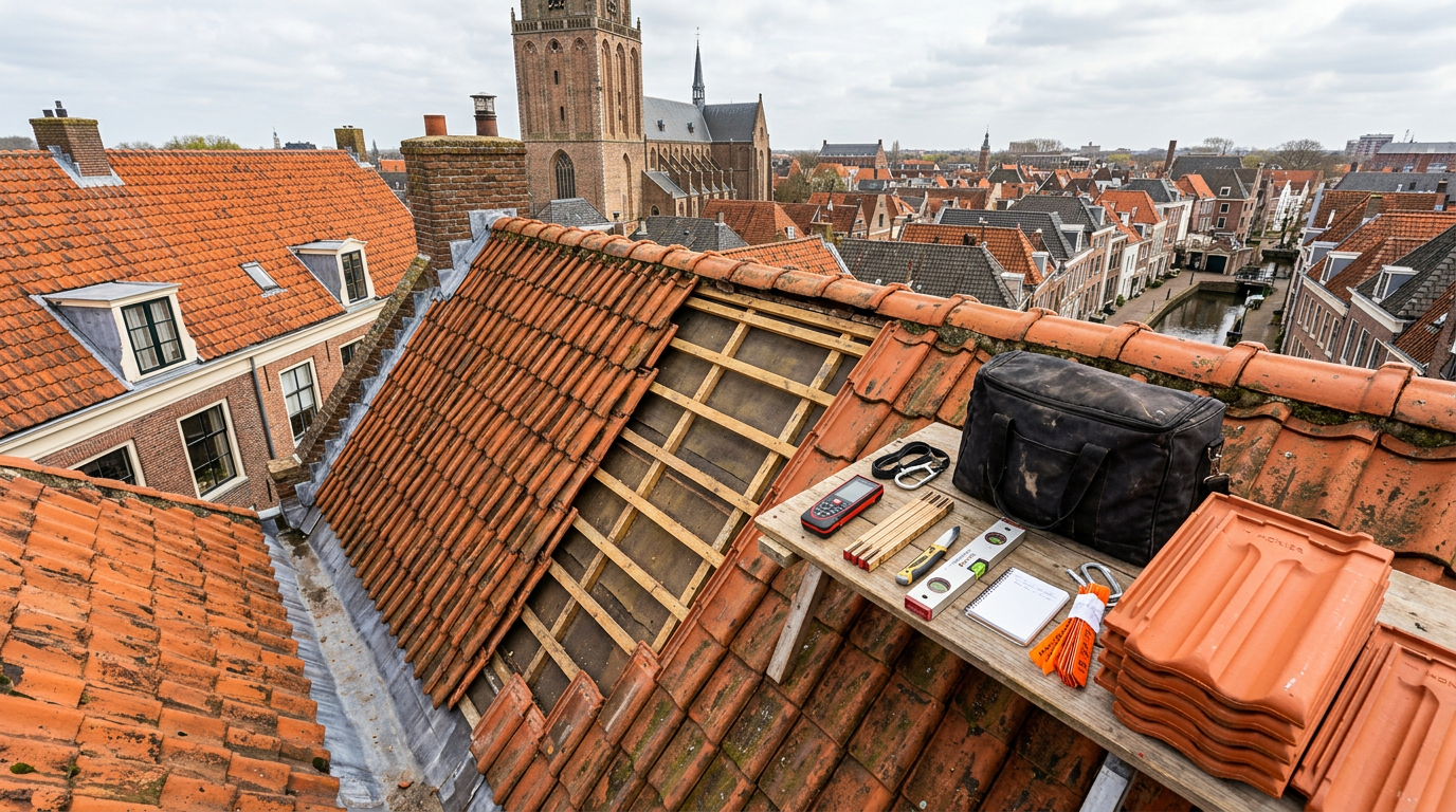 Dakinspectie met gereedschap en vervangingspannen op het dak