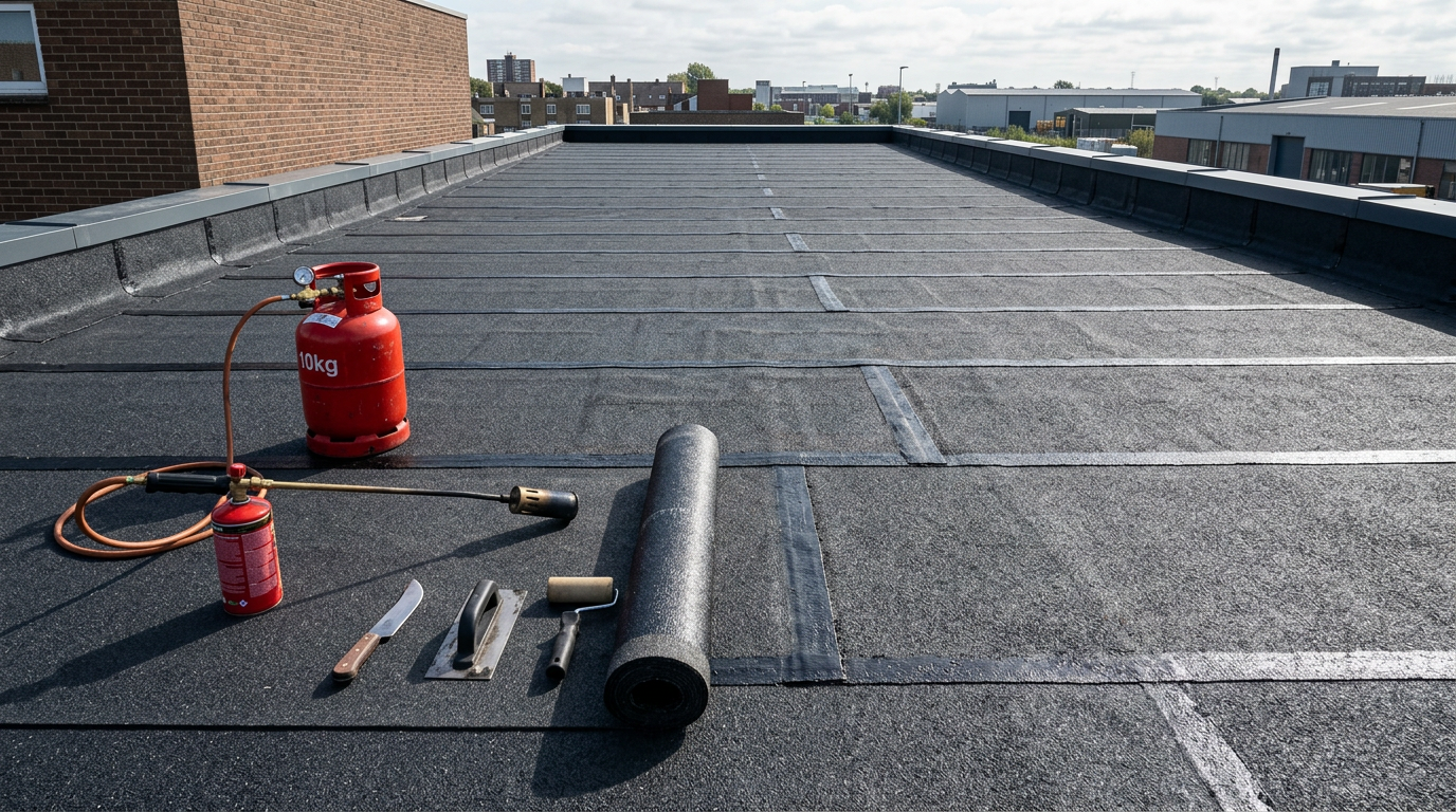 Bitumen dakbedekking aangebracht met gasbrander